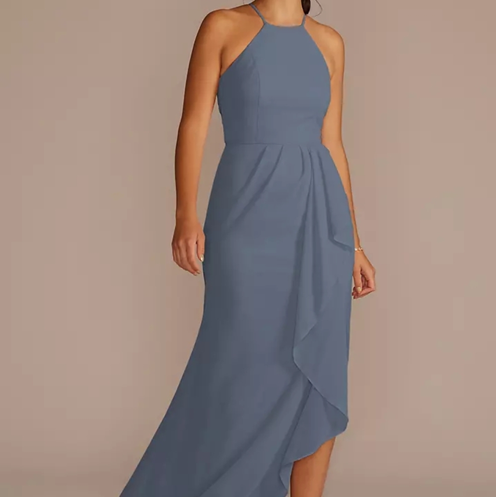 Chic Blue Wrap-Style Full Length Dress Prom/bridesmaid